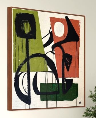 midcentury modern influenced abstract of plant shapes in black brush work on greens and beige textured background.