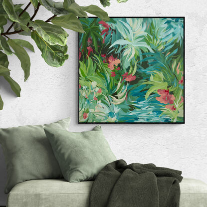 Original acrylic landscape painting of green tropical leaves with a river and red hibiscus flowers in a modern expressive style