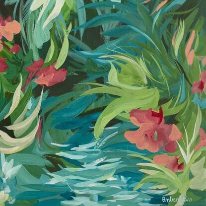 Original acrylic landscape painting of green tropical leaves with a river and red hibiscus flowers in a modern expressive style