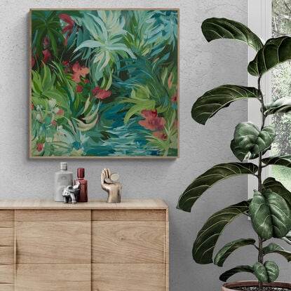 Original acrylic landscape painting of green tropical leaves with a river and red hibiscus flowers in a modern expressive style