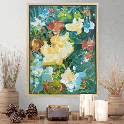 small colourful tropical flower painting framed in a natural frame