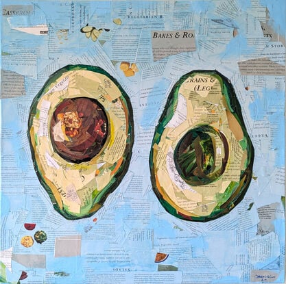 Collaged mixed media painting of an avocado cut in half