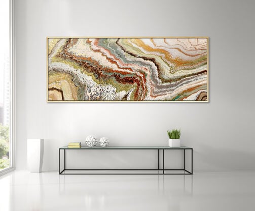 ABSTRACT painting of flowing colours: golds, light golds, ochre, chocolate, royal purple, pink, beige and cheeky hints of olive green
It has incredible depth while evoking a feeling of peace!!
The closer you get to the painting the more of the interesting details and patterns you can see. Metallics add an extra depth because the painting changes personality when one views from different angles. The sage green adds an extra strip of class. it fits in to almost any type of room and on any colour wall.