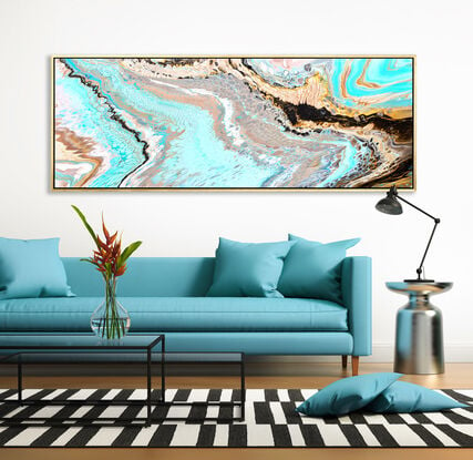 ABSTRACT painting of flowing colours: golds, light golds, ochre, chocolate, champagne pink pink, beige a bold aquamarine with hints of chocolate
It has incredible depth while evoking a feeling of peace!
The closer you get to the painting the more of the interesting details and patterns you can see. Metallics add an extra depth because the painting changes personality when one views from different angles. The sage green adds an extra strip of class. it fits in to almost any type of room and on any colour wall.
it is a liquid pour 