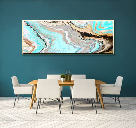 ABSTRACT painting of flowing colours: golds, light golds, ochre, chocolate, champagne pink pink, beige a bold aquamarine with hints of chocolate
It has incredible depth while evoking a feeling of peace!
The closer you get to the painting the more of the interesting details and patterns you can see. Metallics add an extra depth because the painting changes personality when one views from different angles. The sage green adds an extra strip of class. it fits in to almost any type of room and on any colour wall.
it is a liquid pour 