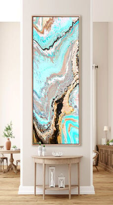 ABSTRACT painting of flowing colours: golds, light golds, ochre, chocolate, champagne pink pink, beige a bold aquamarine with hints of chocolate
It has incredible depth while evoking a feeling of peace!
The closer you get to the painting the more of the interesting details and patterns you can see. Metallics add an extra depth because the painting changes personality when one views from different angles. The sage green adds an extra strip of class. it fits in to almost any type of room and on any colour wall.
it is a liquid pour 