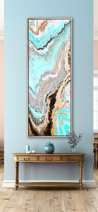 ABSTRACT painting of flowing colours: golds, light golds, ochre, chocolate, champagne pink pink, beige a bold aquamarine with hints of chocolate
It has incredible depth while evoking a feeling of peace!
The closer you get to the painting the more of the interesting details and patterns you can see. Metallics add an extra depth because the painting changes personality when one views from different angles. The sage green adds an extra strip of class. it fits in to almost any type of room and on any colour wall.
it is a liquid pour 