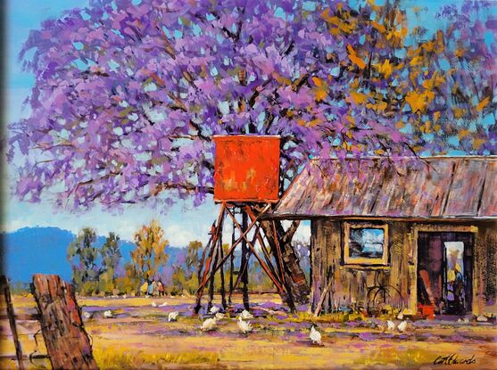 Inspired by a local rural scene with a bright red fuel tank, beside the old shed,.. chooks scratching around under the big old Jacaranda Tree, a lovely colourful rural scene, framed and ready to hang 