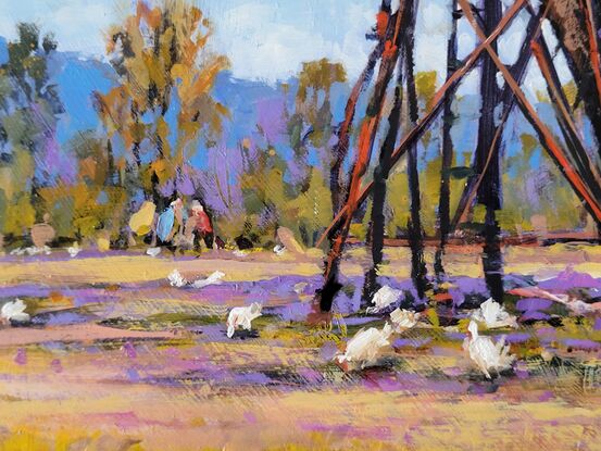 Inspired by a local rural scene with a bright red fuel tank, beside the old shed,.. chooks scratching around under the big old Jacaranda Tree, a lovely colourful rural scene, framed and ready to hang 