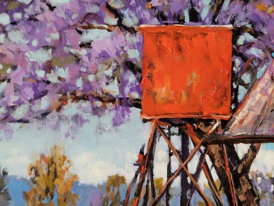 Inspired by a local rural scene with a bright red fuel tank, beside the old shed,.. chooks scratching around under the big old Jacaranda Tree, a lovely colourful rural scene, framed and ready to hang 