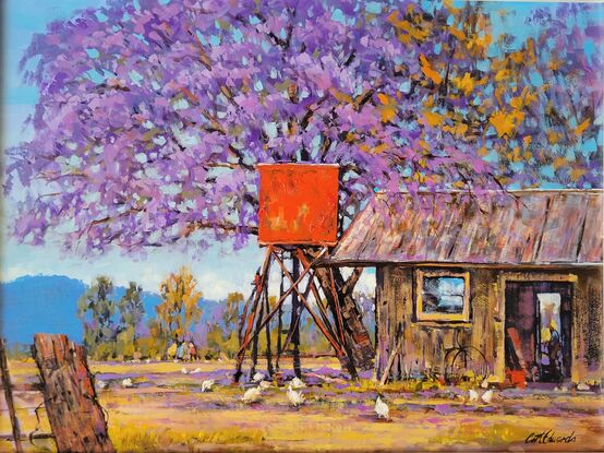 Inspired by a local rural scene with a bright red fuel tank, beside the old shed,.. chooks scratching around under the big old Jacaranda Tree, a lovely colourful rural scene, framed and ready to hang 