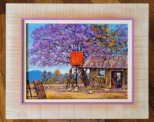 Inspired by a local rural scene with a bright red fuel tank, beside the old shed,.. chooks scratching around under the big old Jacaranda Tree, a lovely colourful rural scene, framed and ready to hang 