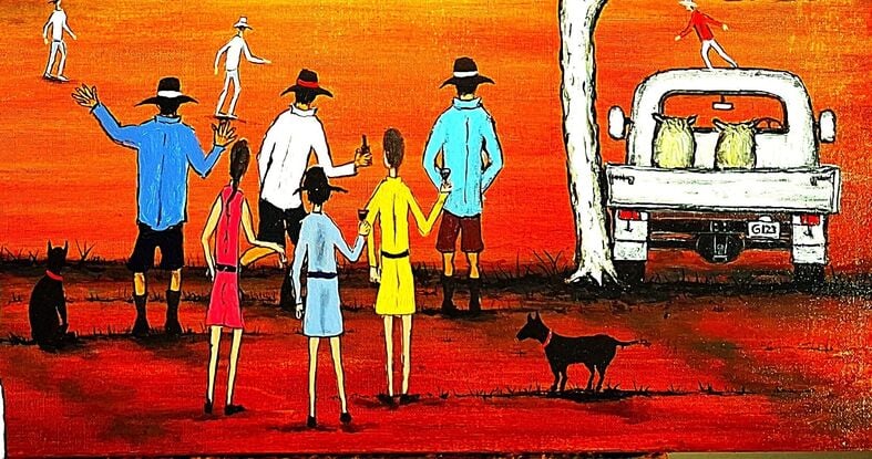 Depicts the local farmers and family at a mate's place for a day of cricket