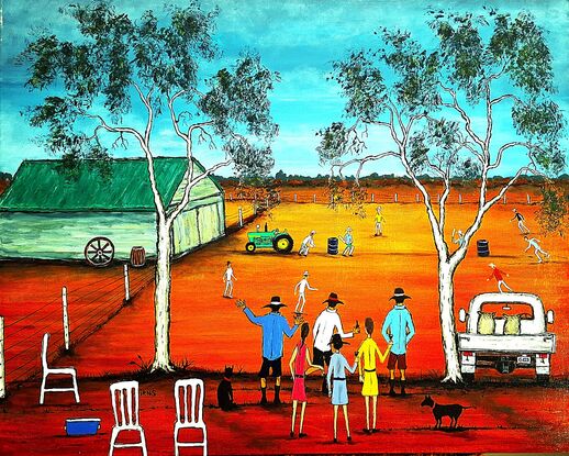 Depicts the local farmers and family at a mate's place for a day of cricket