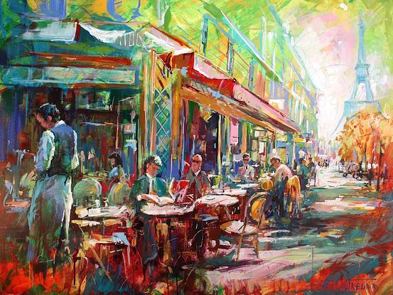 (CreativeWork) French Cafe by Jos Coufreur. Acrylic. Shop online at Bluethumb.