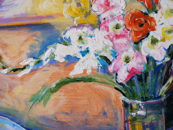 Various colored Gladioli in a clear vase , red onions in a clear glass bowl, and a painting is hanging on the wall