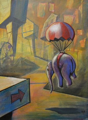 (CreativeWork) Elephant and Parachute by Ross Morgan. Acrylic. Shop online at Bluethumb.