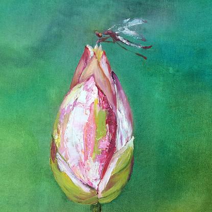 (CreativeWork) Dragonfly on lotus by Fiona McNair. Oil. Shop online at Bluethumb.