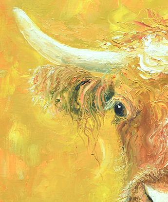 painting of a Red Angus cow with horns on a rich gold background.