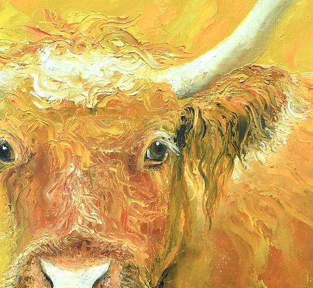 painting of a Red Angus cow with horns on a rich gold background.