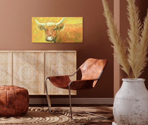 painting of a Red Angus cow with horns on a rich gold background.