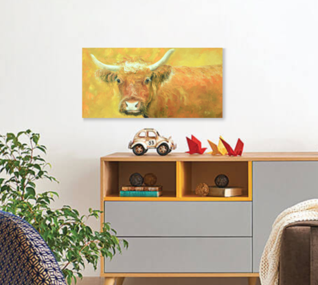 painting of a Red Angus cow with horns on a rich gold background.