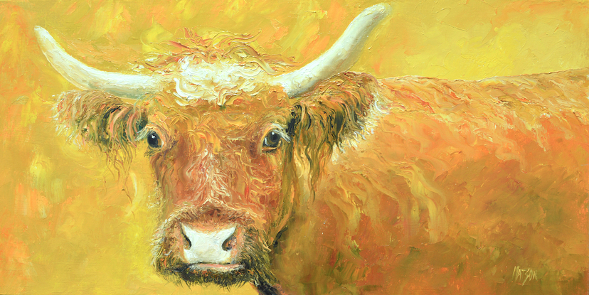 painting of a Red Angus cow with horns on a rich gold background.