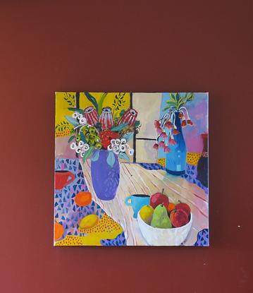 (CreativeWork) Lavender Vase and Fruit by Susan Trudinger. Acrylic. Shop online at Bluethumb.