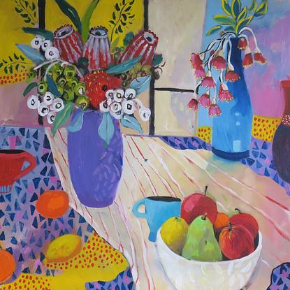 (CreativeWork) Lavender Vase and Fruit by Susan Trudinger. Acrylic. Shop online at Bluethumb.