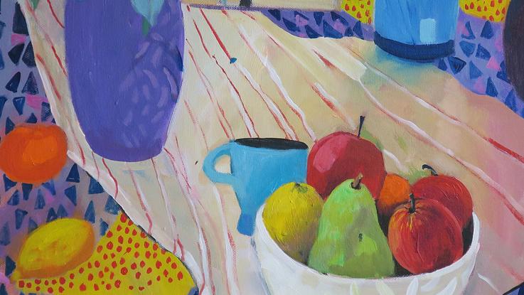 (CreativeWork) Lavender Vase and Fruit by Susan Trudinger. Acrylic. Shop online at Bluethumb.