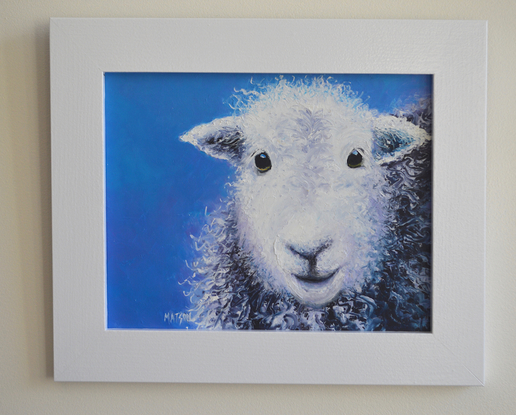 painting of a Herdwick sheep on a blue background