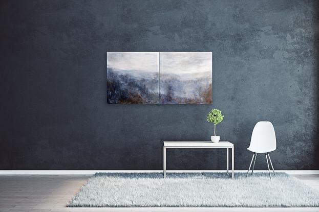 (CreativeWork) Grey Morning. Diptych by Susan Ruming. Acrylic. Shop online at Bluethumb.