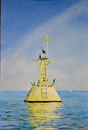 (CreativeWork) "The Lookouts" - Port Philip Bay by John Barcham. Oil. Shop online at Bluethumb.