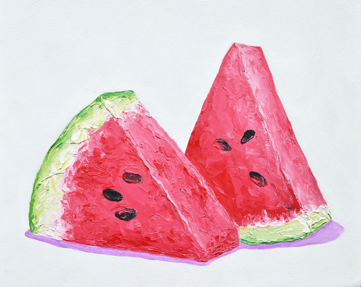 painting of two wedges of luscious ripe watermelon