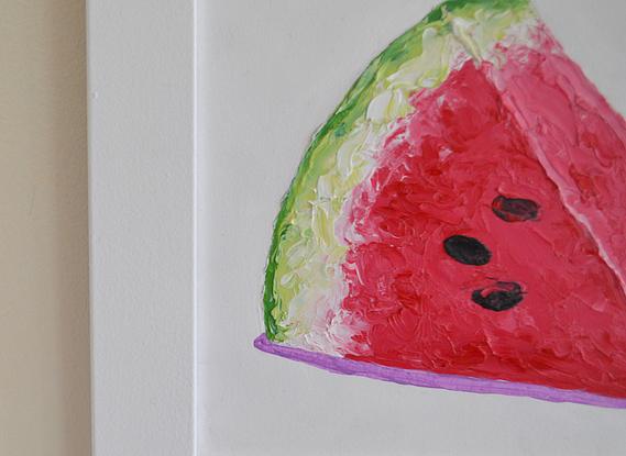 painting of two wedges of luscious ripe watermelon