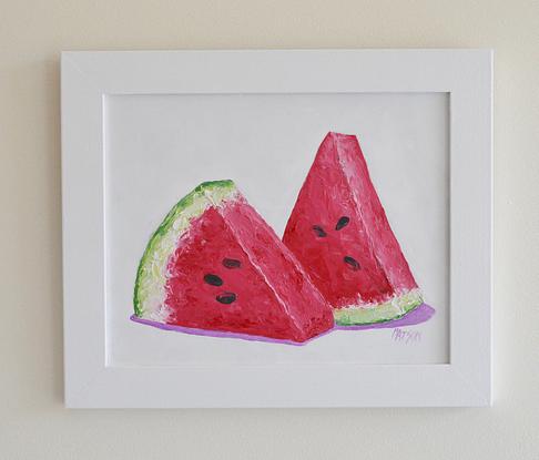 painting of two wedges of luscious ripe watermelon