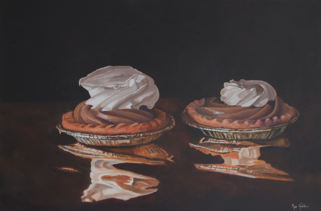 (CreativeWork) "Creme Caramel Tarts Resting on Gold Foil" by Rob Kennedy. Oil. Shop online at Bluethumb.