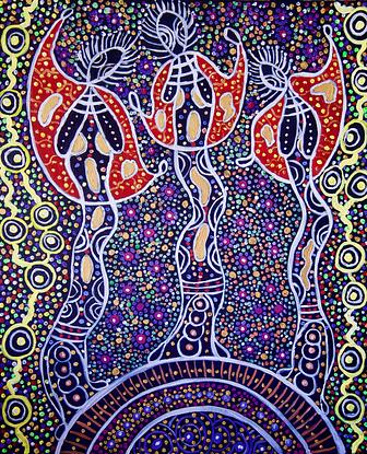 'Meehni', 'Wimlah' and Gunnedoo'. 

"THE THREE SISTERS " Long ago in the Blue Mountains there lived three little Aboriginal sisters. They were Meenhi, Wimlah and Gunnedoo, whose Witch Doctor father was called Tyawan.  Only one creature was feared by all the Bunyip who lived in a deep hole. When Tyawan had to pass the hole, he would leave his daughters safely on the cliff behind a rocky wall. One day, waving goodbye to his daughters, he descended the cliff steps. On top of the cliff a big centipede suddenly appeared and frightened Meehni, who threw a stone at it. The stone rolled over the cliff and crashed into the valley.  Birds, animals and fairies stopped till as the rocks behind the three sisters split open, leaving them on a thin ledge.  The angry Bunyip emerged to see the terrified sisters. In the valley, Tyawan saw the Bunyip close to his daughters, so he pointed his magic bone at the girls and turned them to stone. The Bunyip then chased Tyawan, who found himself trapped, so he changed himself into a Lyre Bird. Everyone was safe, but Tyawan had dropped his magic bone. After the Bunyip had gone, Tyawan searched and searched for his bone and he is still searching.  The Three Sisters stand silently watching him from their ledge, hoping he will find the bone to turn them back to Aboriginal girls.  As you look at the Three Sisters, you can hear Tyawan the Lyre Bird calling his daughters as his search for the lost bone continues.
