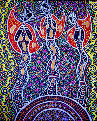 'Meehni', 'Wimlah' and Gunnedoo'. 

"THE THREE SISTERS " Long ago in the Blue Mountains there lived three little Aboriginal sisters. They were Meenhi, Wimlah and Gunnedoo, whose Witch Doctor father was called Tyawan.  Only one creature was feared by all the Bunyip who lived in a deep hole. When Tyawan had to pass the hole, he would leave his daughters safely on the cliff behind a rocky wall. One day, waving goodbye to his daughters, he descended the cliff steps. On top of the cliff a big centipede suddenly appeared and frightened Meehni, who threw a stone at it. The stone rolled over the cliff and crashed into the valley.  Birds, animals and fairies stopped till as the rocks behind the three sisters split open, leaving them on a thin ledge.  The angry Bunyip emerged to see the terrified sisters. In the valley, Tyawan saw the Bunyip close to his daughters, so he pointed his magic bone at the girls and turned them to stone. The Bunyip then chased Tyawan, who found himself trapped, so he changed himself into a Lyre Bird. Everyone was safe, but Tyawan had dropped his magic bone. After the Bunyip had gone, Tyawan searched and searched for his bone and he is still searching.  The Three Sisters stand silently watching him from their ledge, hoping he will find the bone to turn them back to Aboriginal girls.  As you look at the Three Sisters, you can hear Tyawan the Lyre Bird calling his daughters as his search for the lost bone continues.
