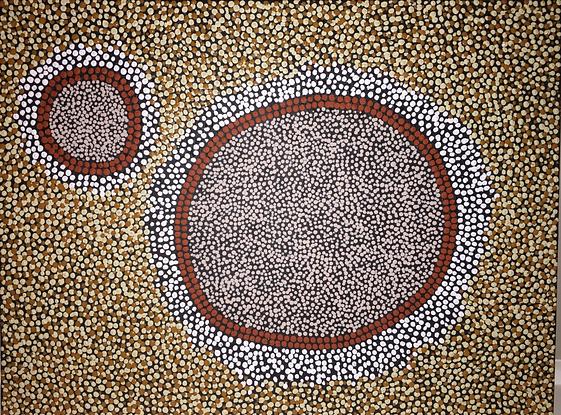 (CreativeWork) Aboriginal art dot painting 'the bora rings'  by gidabul doobay. Acrylic. Shop online at Bluethumb.