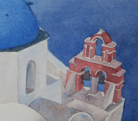 (CreativeWork) Santorini Coast by sharon Moroney AFC. Watercolour. Shop online at Bluethumb.