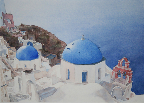 (CreativeWork) Santorini Coast by sharon Moroney AFC. Watercolour. Shop online at Bluethumb.