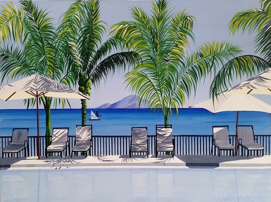 poolside chairs and umbrellas with palm trees and islands