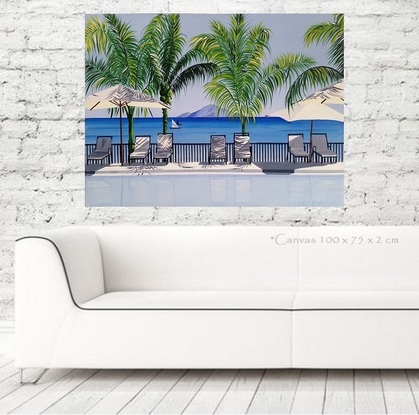 poolside chairs and umbrellas with palm trees and islands