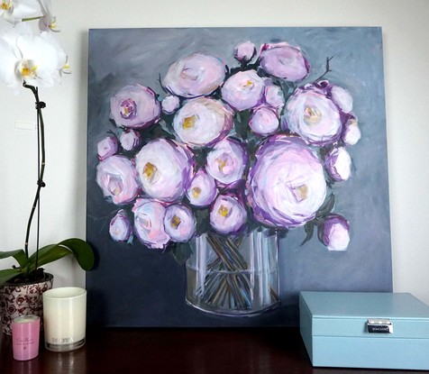 (CreativeWork) Pink Peonies (Pinkie) by Lou Hurll. Acrylic. Shop online at Bluethumb.