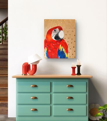 Red macaw with captivating eye, with a calm demeanour.