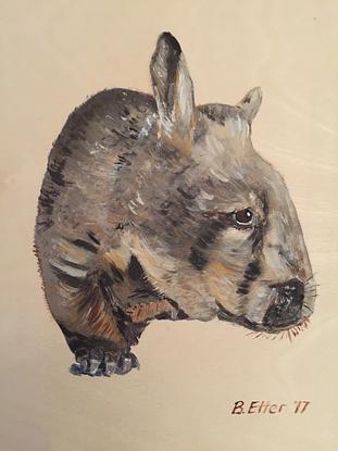 (CreativeWork) Wombat on Timber by Barbara Etter APM. Acrylic. Shop online at Bluethumb.