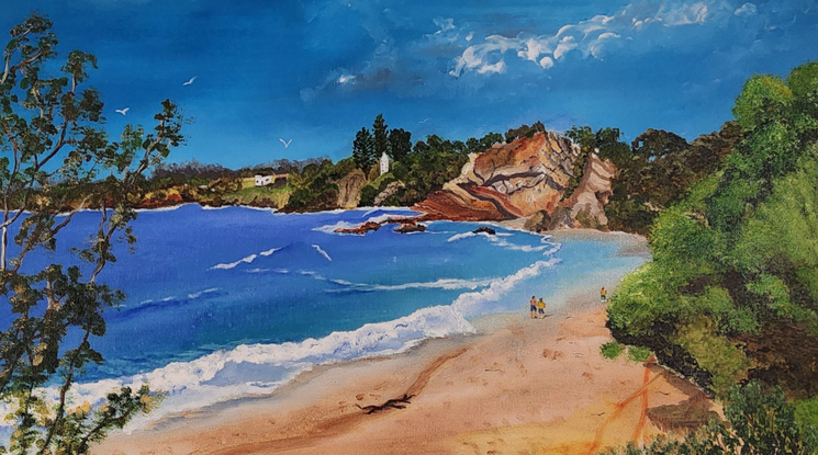 Early morning at Aslings beach north of Eden, admiring the sandstone cliffs in the distance, people strolling along the slightly cool sand with the  white tower of the killer whale museum peeking through natural Australian bush