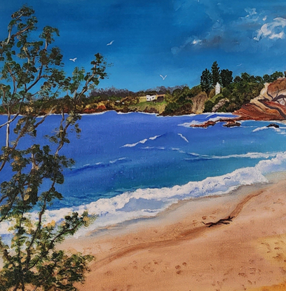 Early morning at Aslings beach north of Eden, admiring the sandstone cliffs in the distance, people strolling along the slightly cool sand with the  white tower of the killer whale museum peeking through natural Australian bush