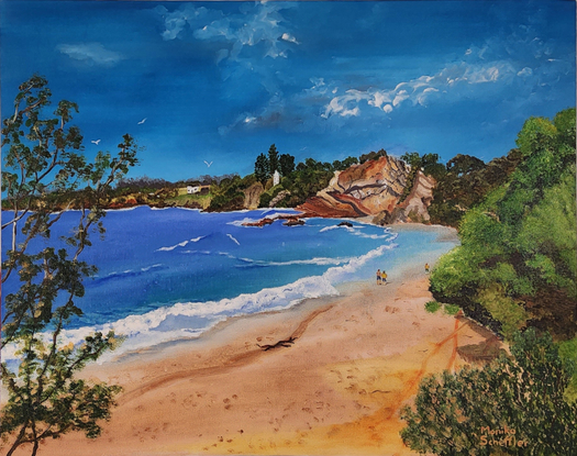 Early morning at Aslings beach north of Eden, admiring the sandstone cliffs in the distance, people strolling along the slightly cool sand with the  white tower of the killer whale museum peeking through natural Australian bush